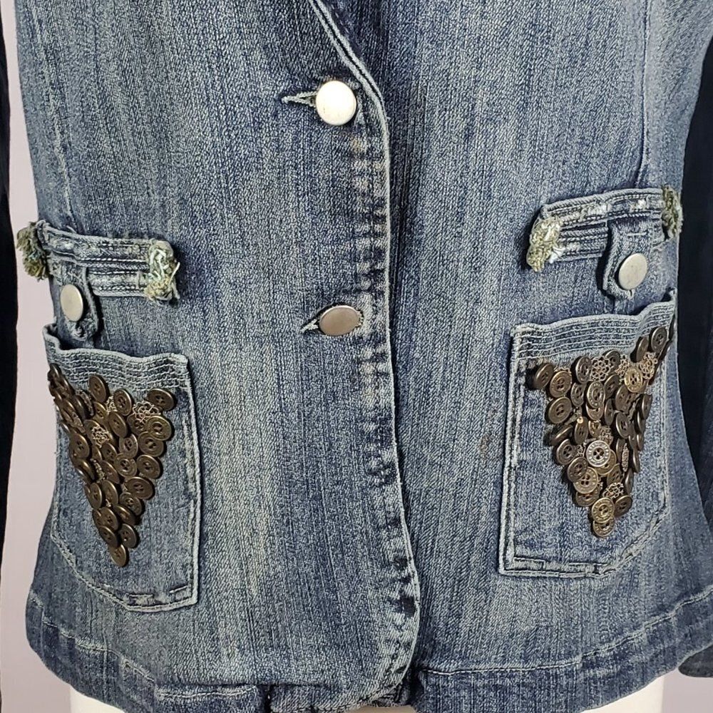 Weigesi Embroidered, Embellished, Distressed Denim Blazer Sz XL Jr / M8 Women - Picture 4 of 12